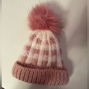 Spearmint baby pink plaid fur pom knit hat